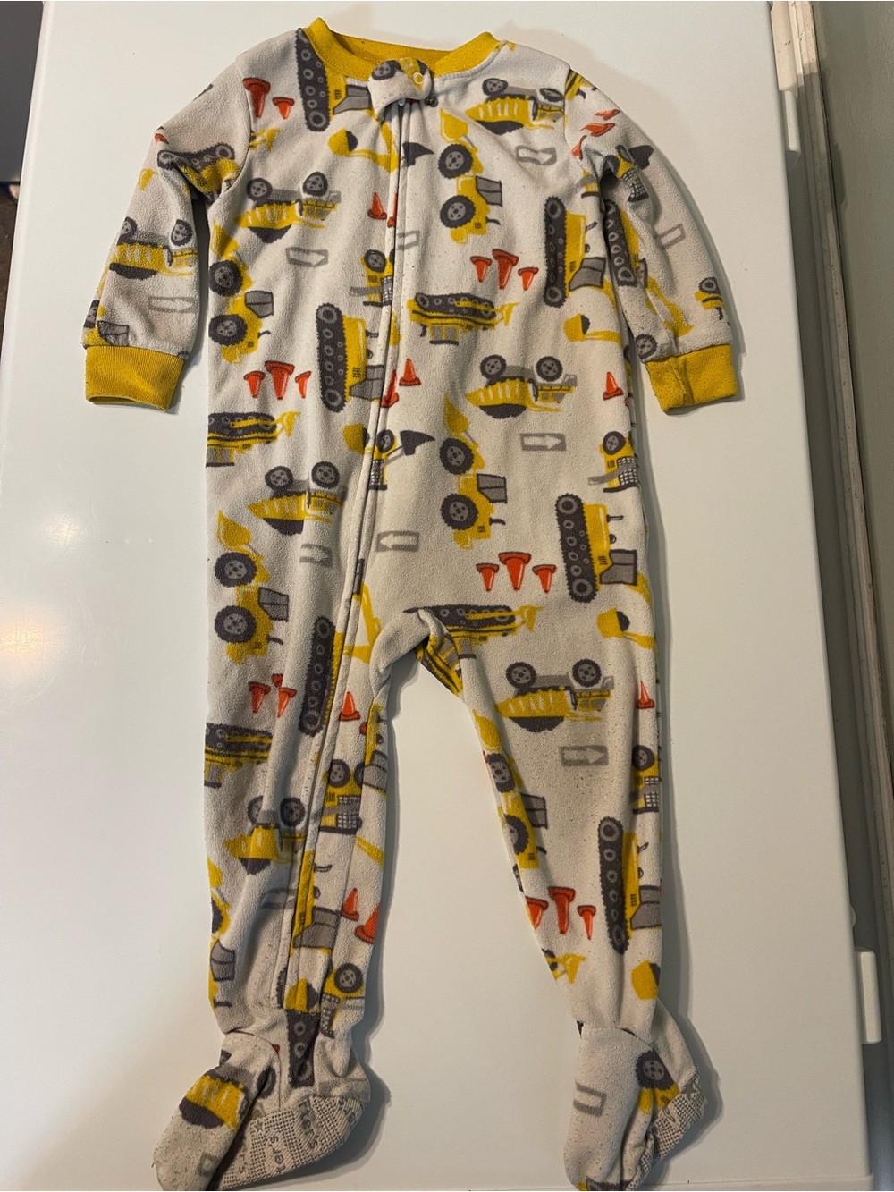 18M Yellow Construction-Print Kids One-Piece Footed Pajama